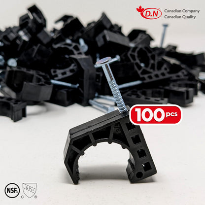 D.N. 100 Pieces Half Clamps J-Hook with Nail, J-Clamp for 3/4" Tubing Pipe Support J-Clips Tubing Fastener, Black Tube Talons (Contractors Bulk Pack of 100)