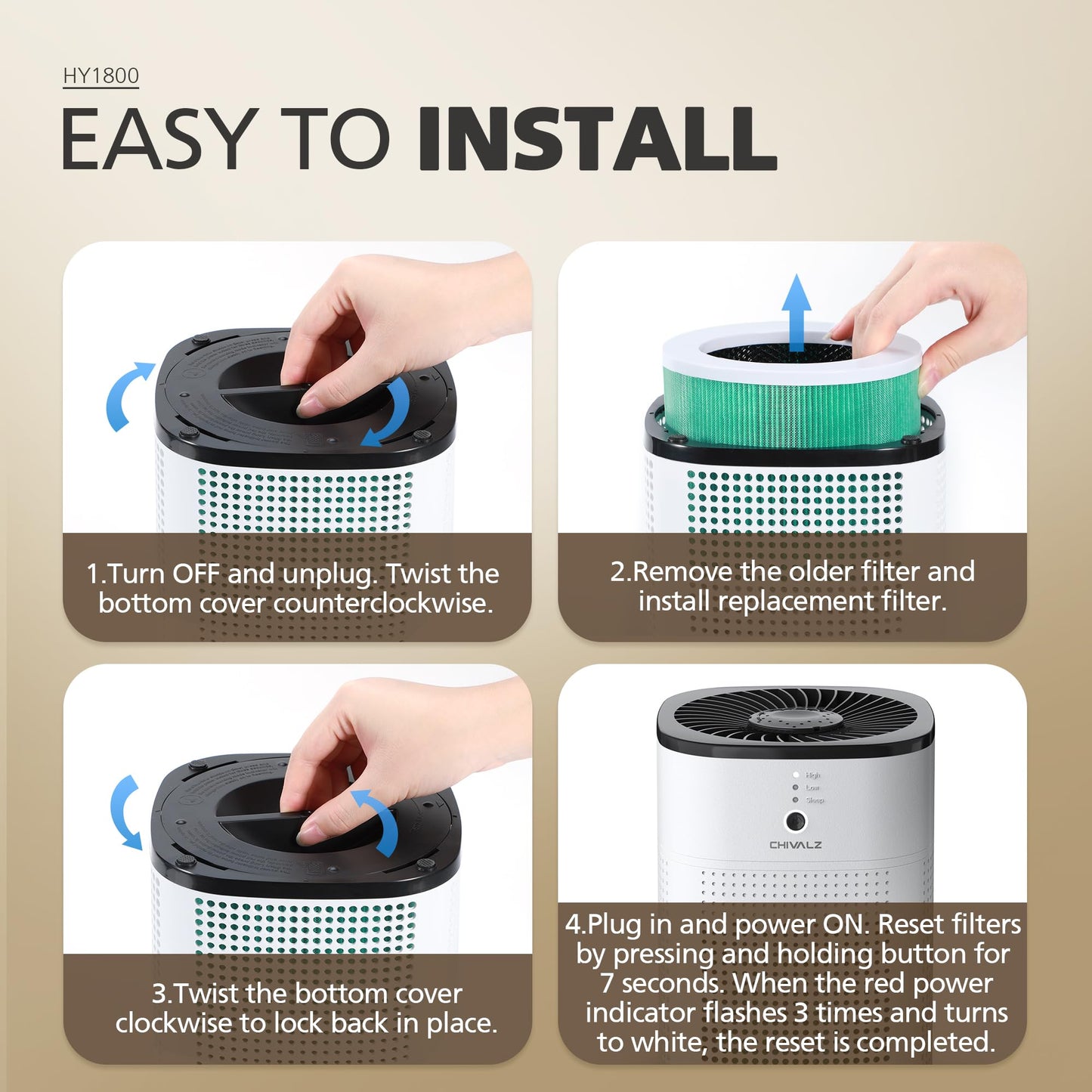 CHIVALZ Genuine HY1800 Air Purifier Replacement Filter, 3-in-1 Filtration, High-Efficiency Activated Carbon, True HEPA 13 Filter (2 Pack)