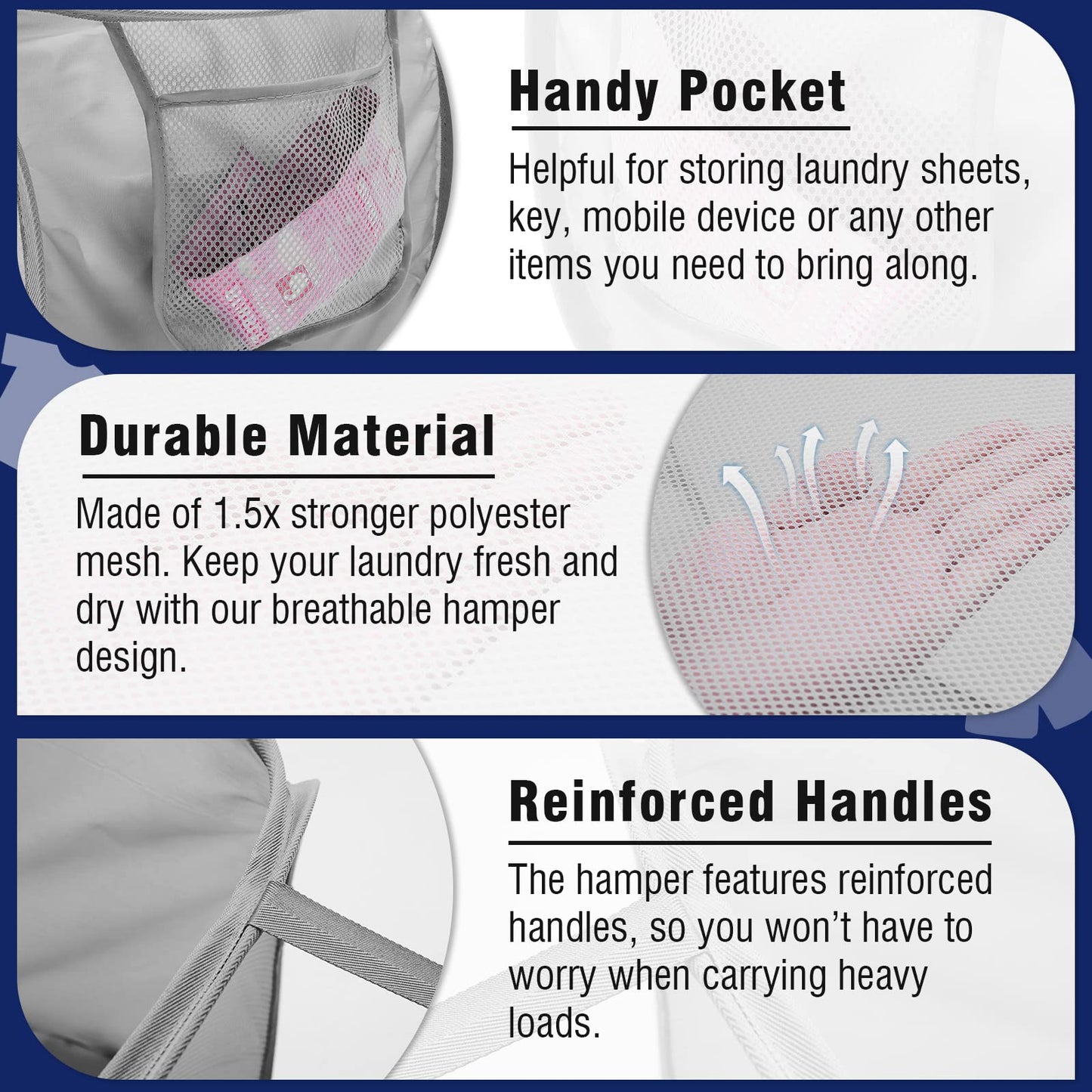 Collapsible Mesh Pop Up Laundry Basket with Durable Handles and Pockets, Portable, Foldable, Deluxe Clothes Hamper for Travel, Laundry Room, Dorm or Bathroom, Space Saving Organizer, Grey, 2 Pack
