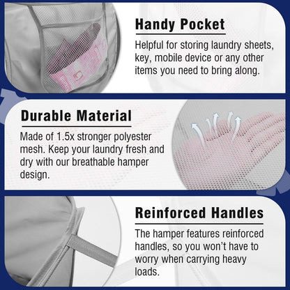 Collapsible Mesh Pop Up Laundry Basket with Durable Handles and Pockets, Portable, Foldable, Deluxe Clothes Hamper for Travel, Laundry Room, Dorm or Bathroom, Space Saving Organizer, Grey, 2 Pack