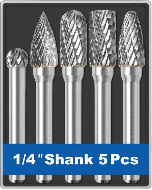 Sworker 5Pcs Carbide Burr Set 1/4 Shank w/Clear Box Head Dia 8mm Die Grinder Bits Rotary Tools Attachment Kit Rasp File Accessories Metal Wood Stone Steel Grinding Deburring Cutting Porting Carving