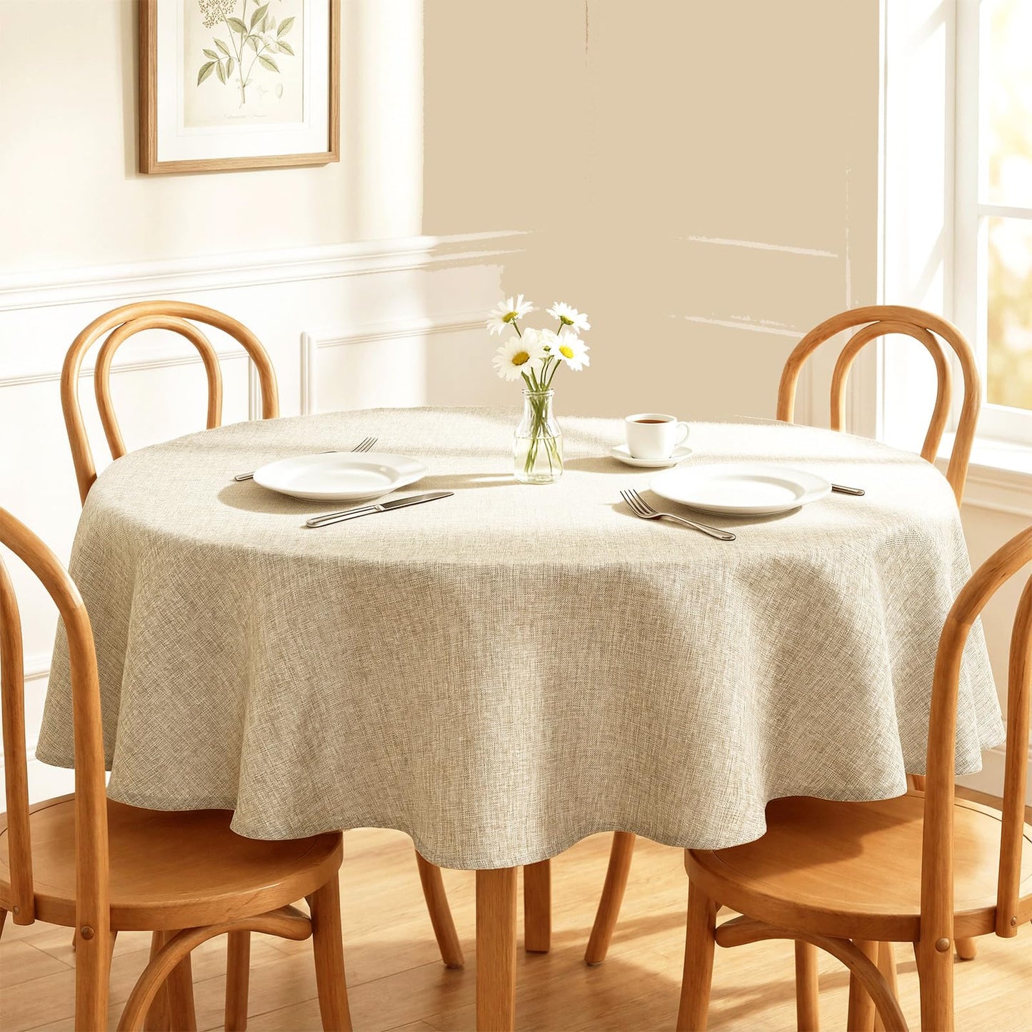 XWZO Faux Linen Round Tablecloth Wrinkle Free Stain Resistant Spillproof Washable Table Cloth for Kichen and Dinning Room Rustic Farmhouse Style Table Cover, Beige,60 inch, Round