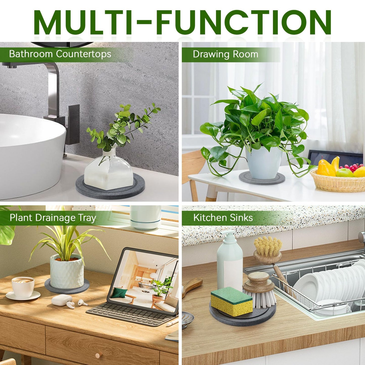 3 PCS Diatomite Plant Saucers for Indoors, Instant Dry Pot Saucers for Plants Coasters, Diatomaceous Earth Planter Tray, Dark Gray Flower Pot Tray (Round 8")