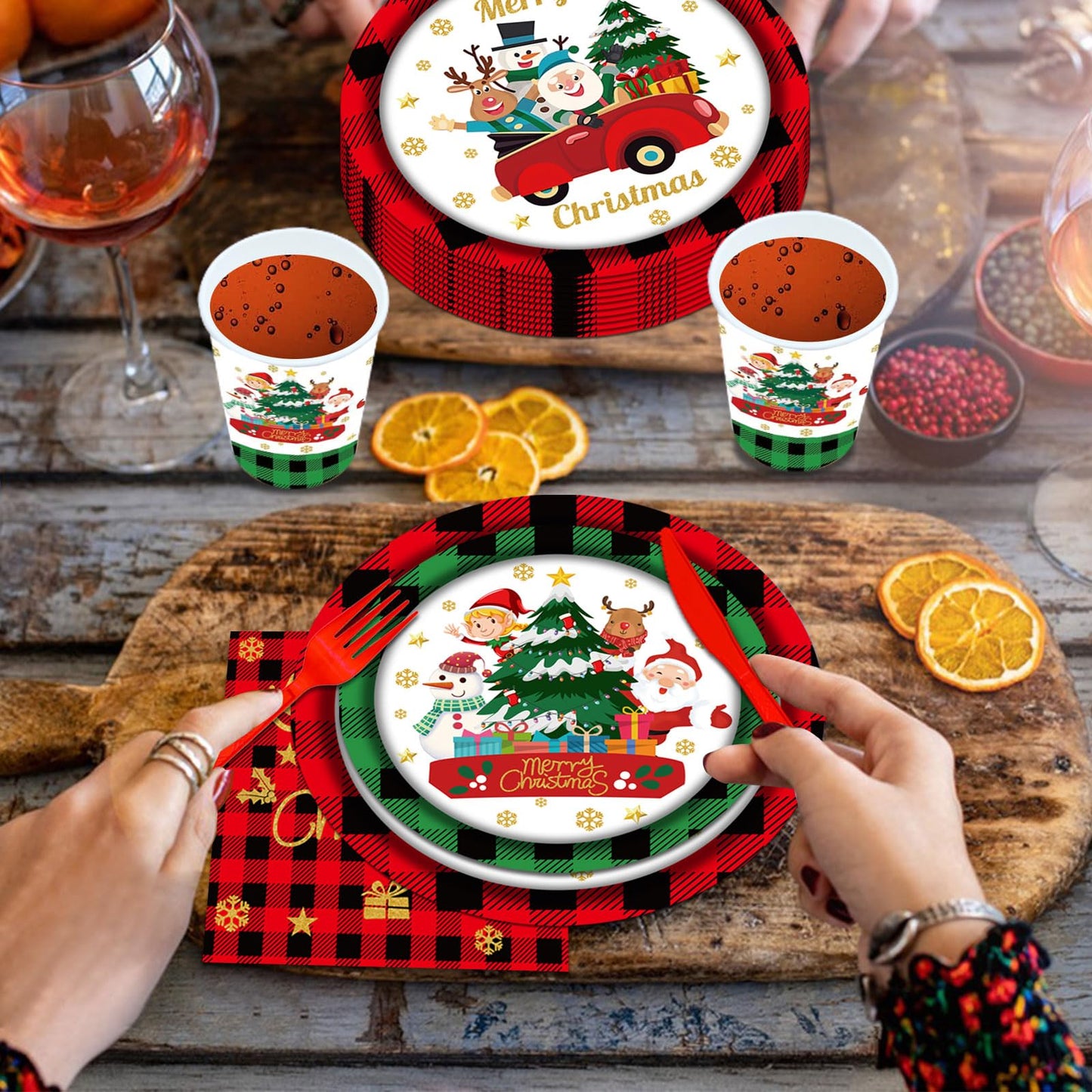 144PCS Christmas Paper Plates and Napkins Party Supplies Christmas Party Decorations Christmas Party Supplies Xmas Tableware Set Santa Claus Christmas Tree Plates Napkins Cups Forks Knives Serve 24