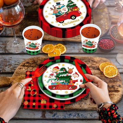 144PCS Christmas Paper Plates and Napkins Party Supplies Christmas Party Decorations Christmas Party Supplies Xmas Tableware Set Santa Claus Christmas Tree Plates Napkins Cups Forks Knives Serve 24