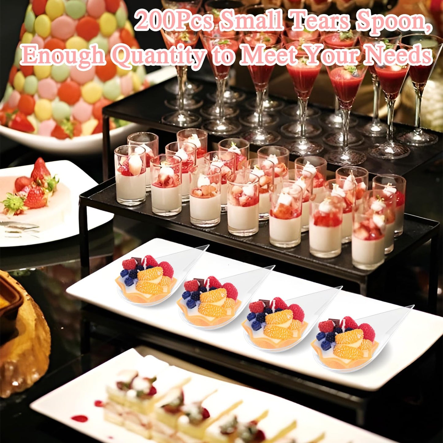 LIOUCBD 200Pcs Tear Drop Mini Appetizer Plates, Plastic Dessert Cups, Clear Tasting Spoons, Disposable Asian Spoon for Serving Small Desserts Cakes Bowls Appetizers Sample Serving Party
