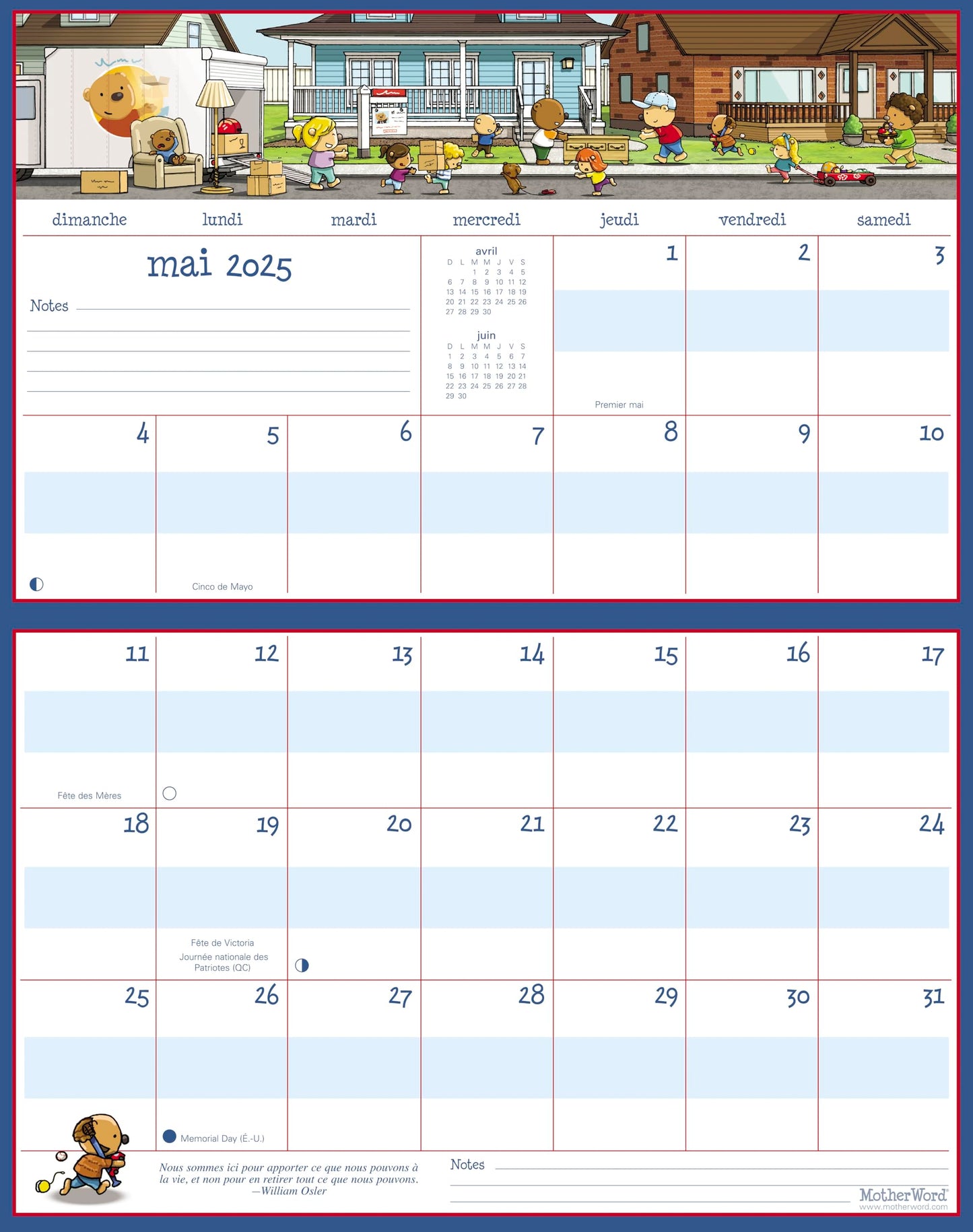2025 MotherWord Ultimate Fridge Magnetic Hanging Calendar, 16-Month, Sept 2024 - Dec 2025, French, Medium Side by Side Version, 15" x 9.5" (MWMFT12825)