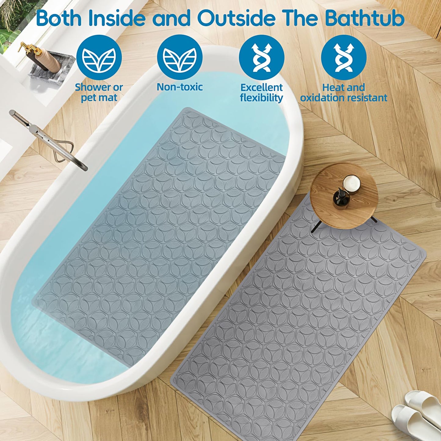 WRISIN Bathtub Mat Non Slip with Suction Cups - 100% Rubber Bathroom Mat Textured for Bath Tub Shower Safety - Soft on Touch - BPA/PVC Free - Pet Dog Bath Mat - Machine Washable - 16 × 28 Inch（Gray）