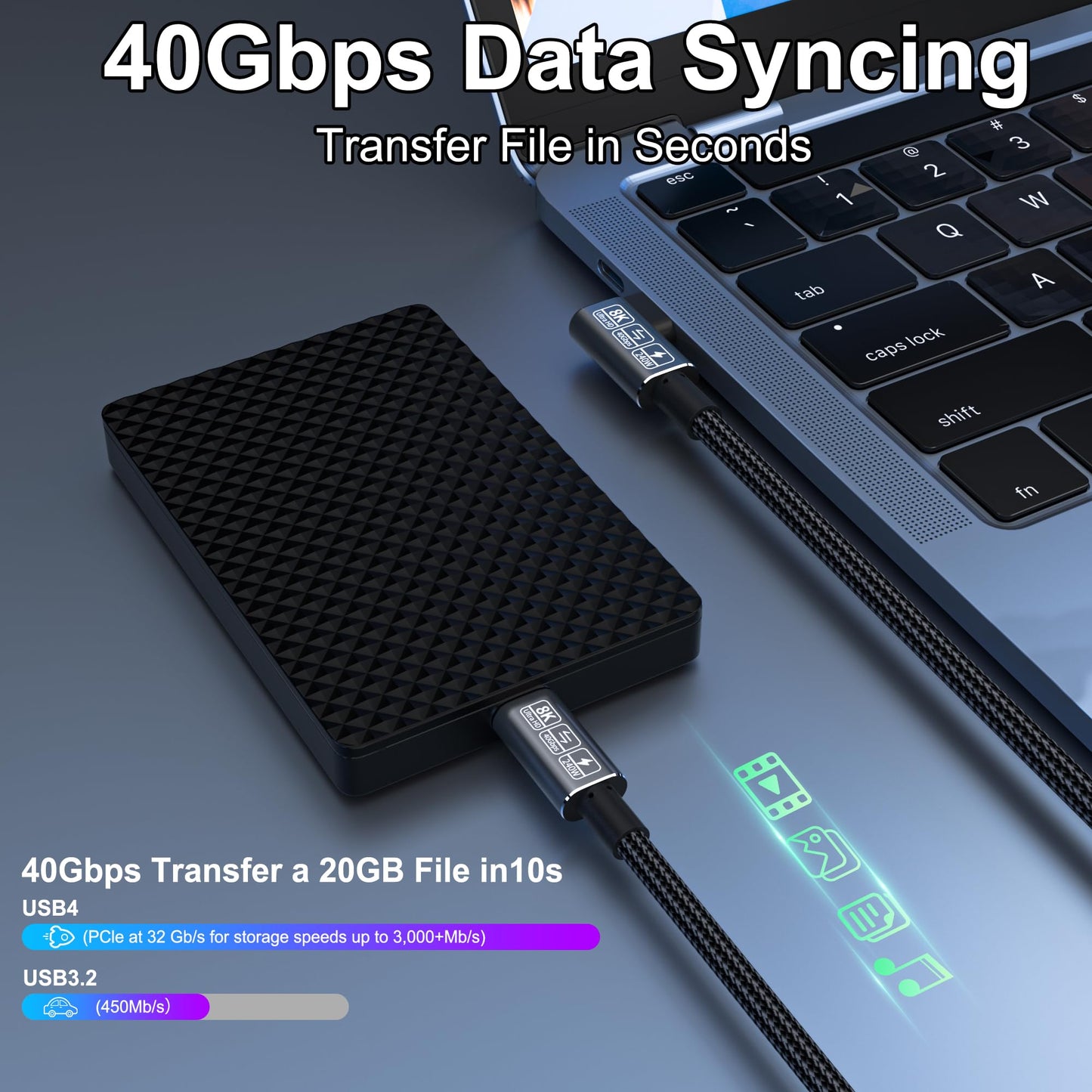 Yiicumhh 2m 240W Type C Cable 40Gbps Data Transfer 8K Video for Thunderbolt 4 & 3, Right Angle, Fast Charge, Compatible with Laptop, Smartphone, Monitor