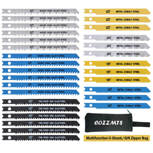 30PCS U-Shank Jig Saw Blade Set for Wood Plastic Metal Cutting, Replace Bosch DEWALT SKIL Black and Decker Jigsaw Blades U Shank Includes 6T 8T 10T 14T 18T 24T 32T with 420D Zipper Bag