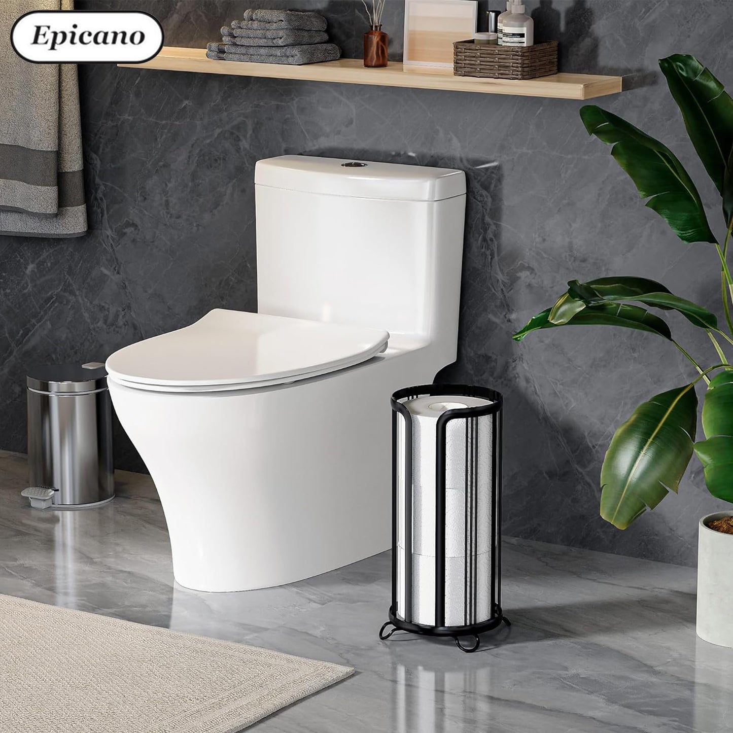 Toilet Paper Holder Stand, Freestanding Toilet Tissue Organizer, Minimalistic Storage Solution, Reserve Mega Rolls- Black