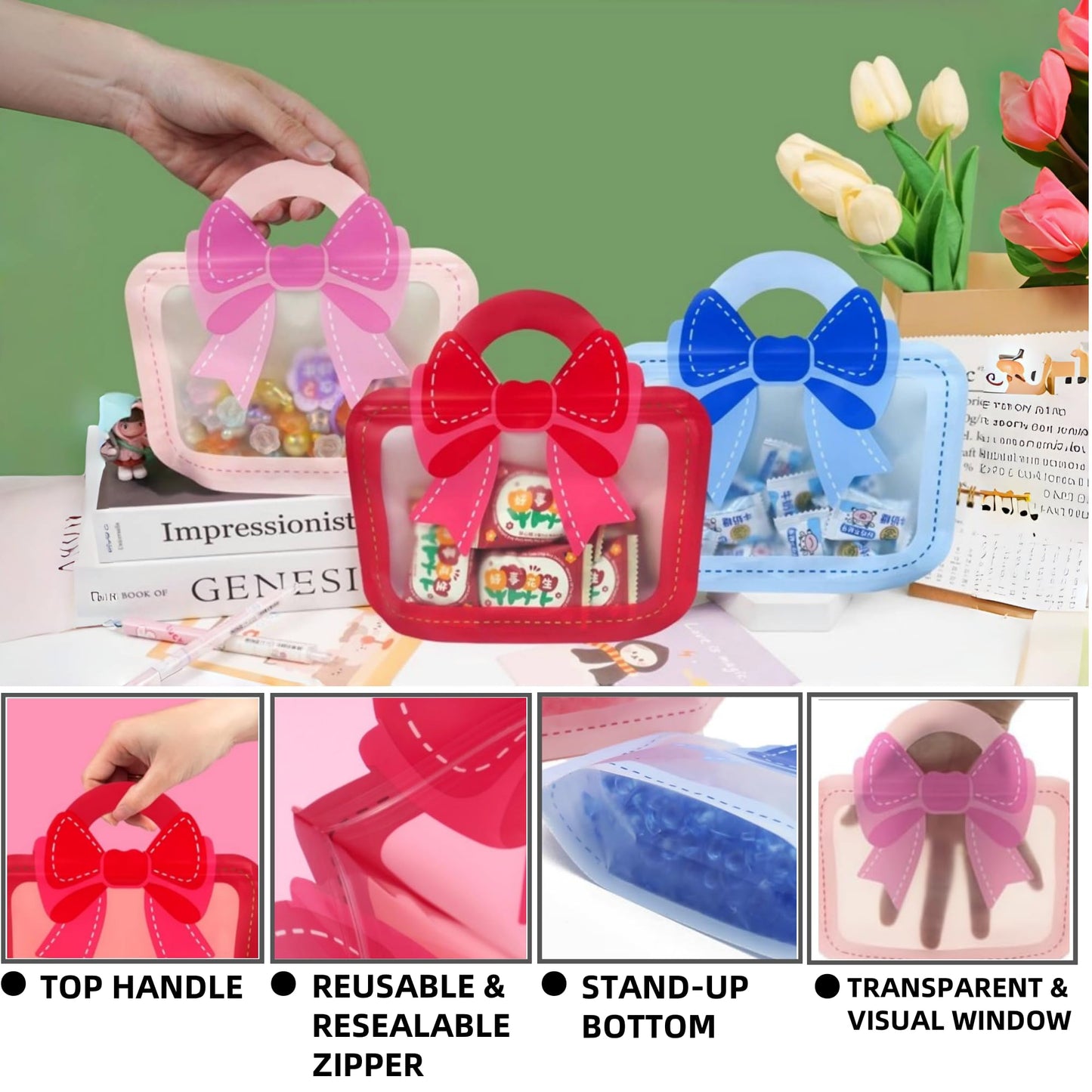 PABCK 30 Pcs Plastic Party Favor Gift Bags Treats Birthday Goodie Bags 10.24x9.45 inch(26x24 cm) Candy Cookies Snack Small Toys Packaging Handle Bag Resealable Stand Up Reusable for Wedding Christmas
