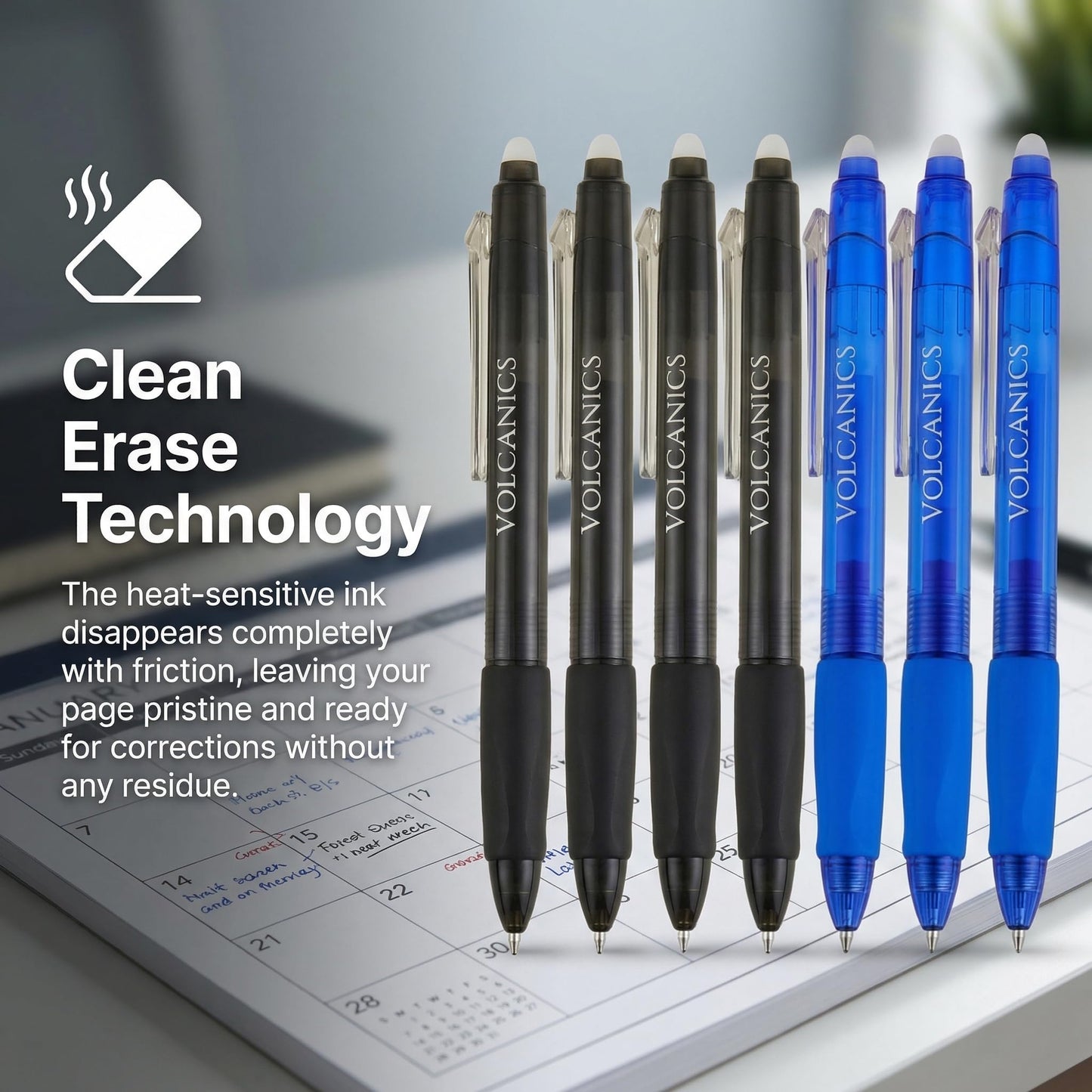 Volcanics Retractable Clicker Erasable Gel Pens - 0.7mm Ball Point, Heat Erase with Built-in Eraser, 36 Pack Blue and Black