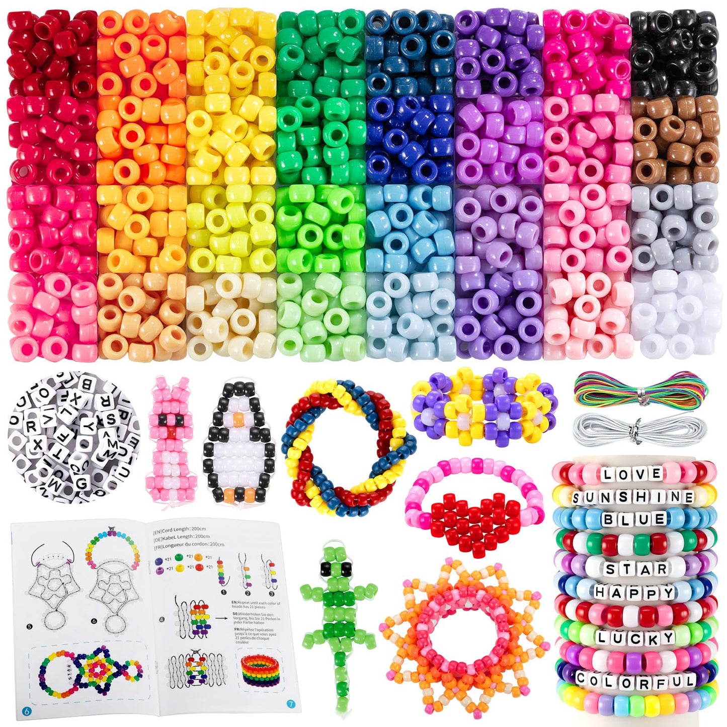 Zefy Pony Beads for Bracelets and Crafts, 32 Colors Kandi Beads with 10 Kandi Cuff Designs and 6 Bead Pets Designs, Friendship Bracelet Kit with Letter Bead for Jewelry Making (2000+ Pcs)