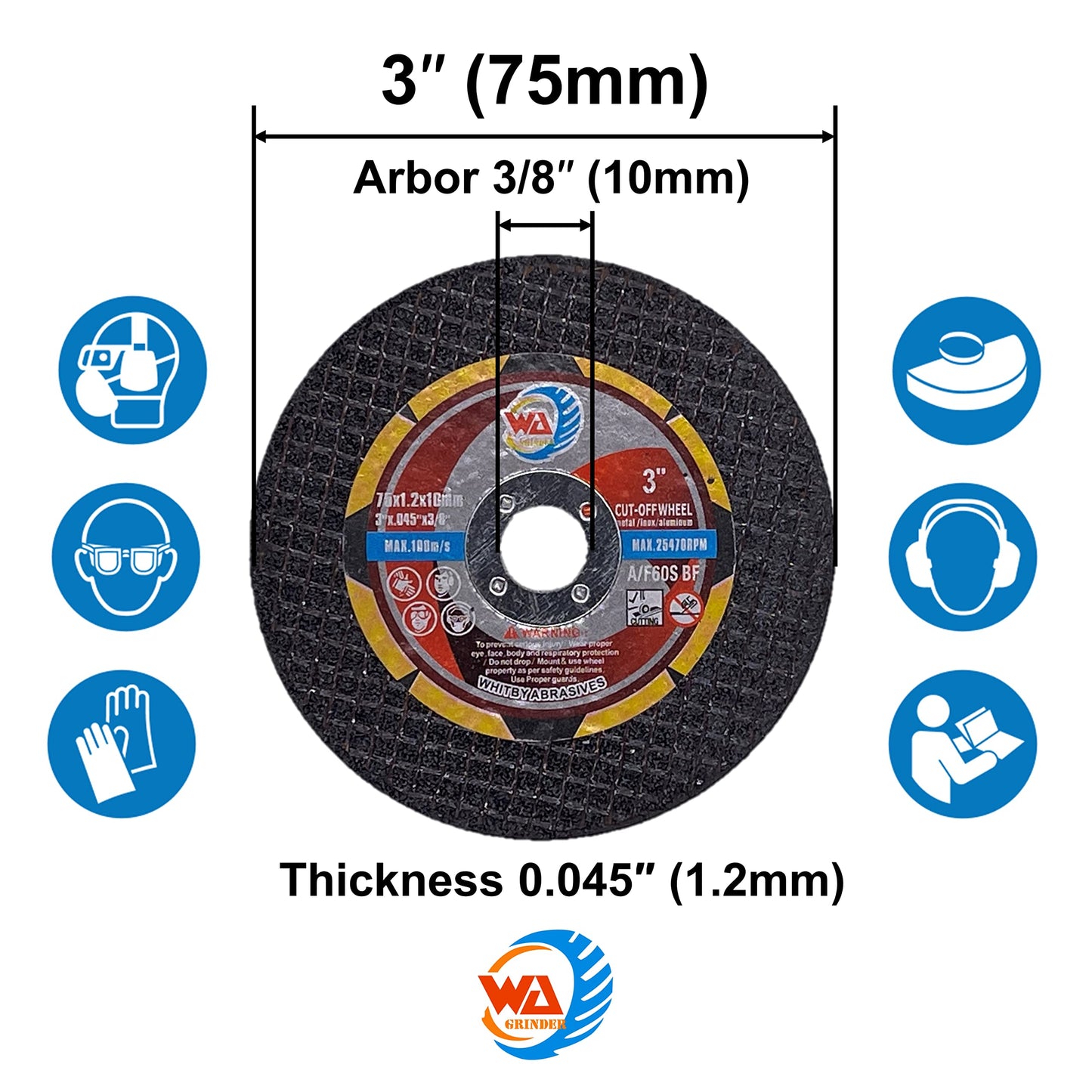 WA 25PACK - 3" x.045 x3/8" Thin Cut Off Disc, Die Grinder Tool Accessories Cutting Wheel and Mounting Mandrel Kit, 3 inch Cut-Off 3/8 in Arbor for Metal, Steel, Stainless (25 Discs + 1 Mandrel)
