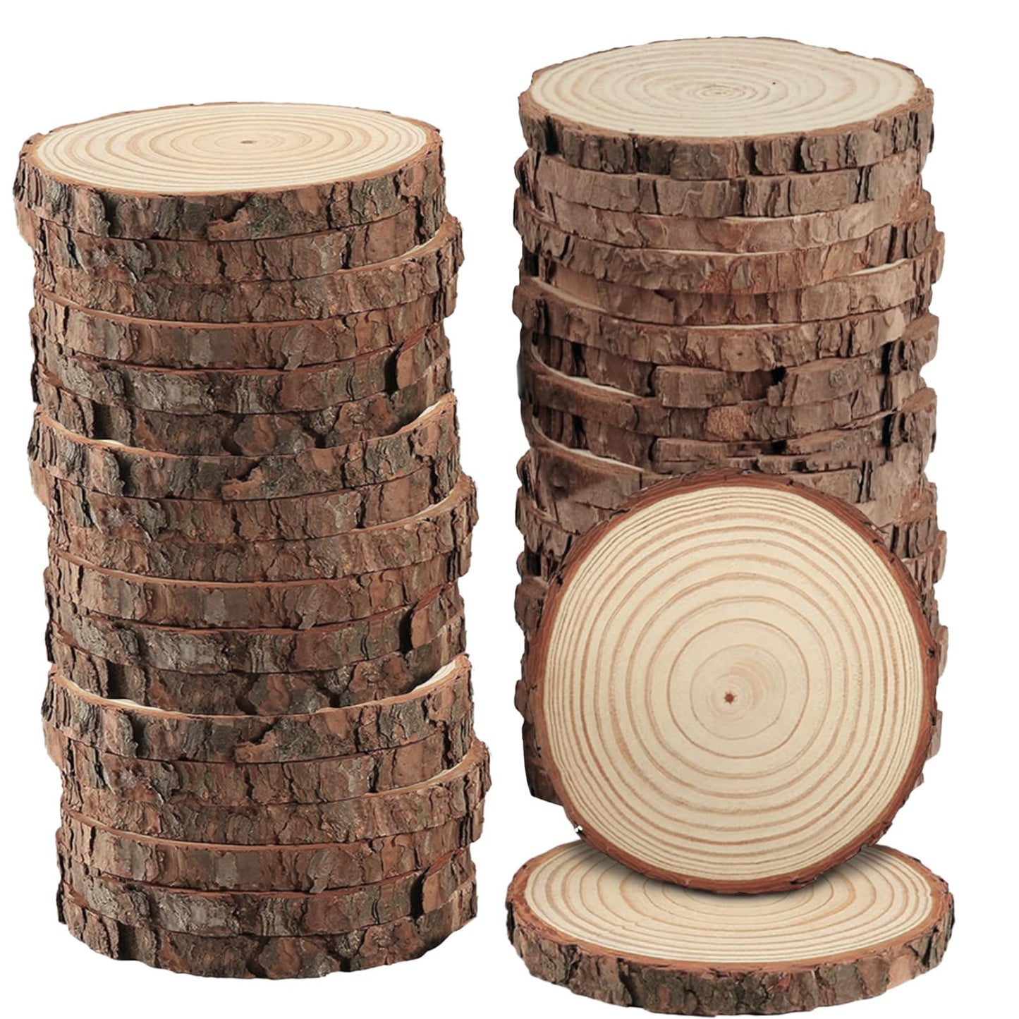 PLAZOTTA 40 Pcs Natural Wood Slices 3.5-4 Inches Unfinished Wood Craft Kit Round Discs Rustic Wedding Decoration for Arts and Crafts