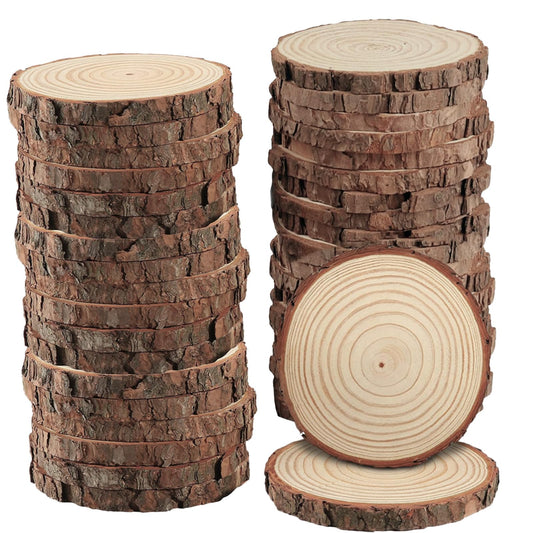PLAZOTTA 40 Pcs Natural Wood Slices 3.5-4 Inches Unfinished Wood Craft Kit Round Discs Rustic Wedding Decoration for Arts and Crafts