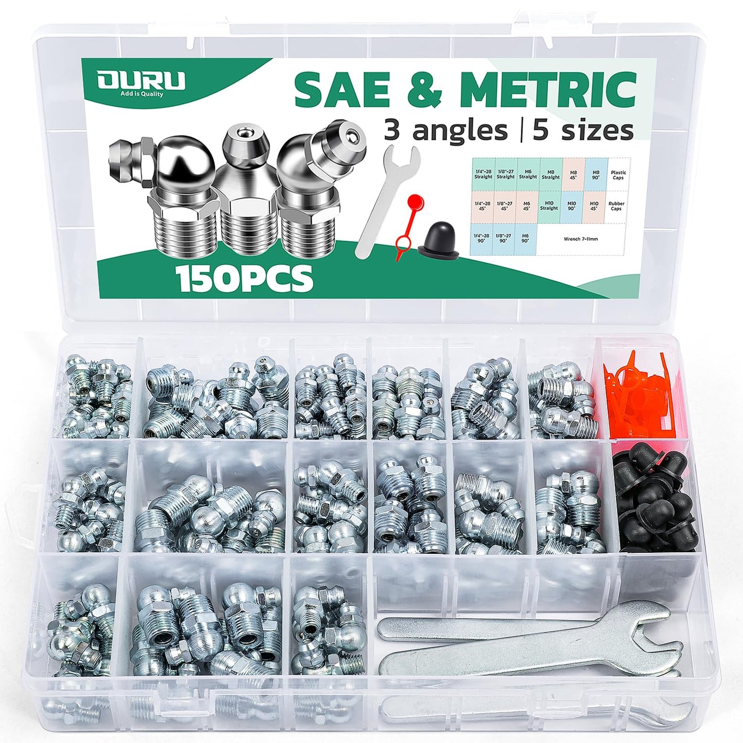 OURU 150PCS Grease Fittings Assortment, SAE & Metric Zerk Grease Fittings Straight 45 90 Degree with Grease Fitting Caps & Wrench Kit(7-11mm) for Grease Gun