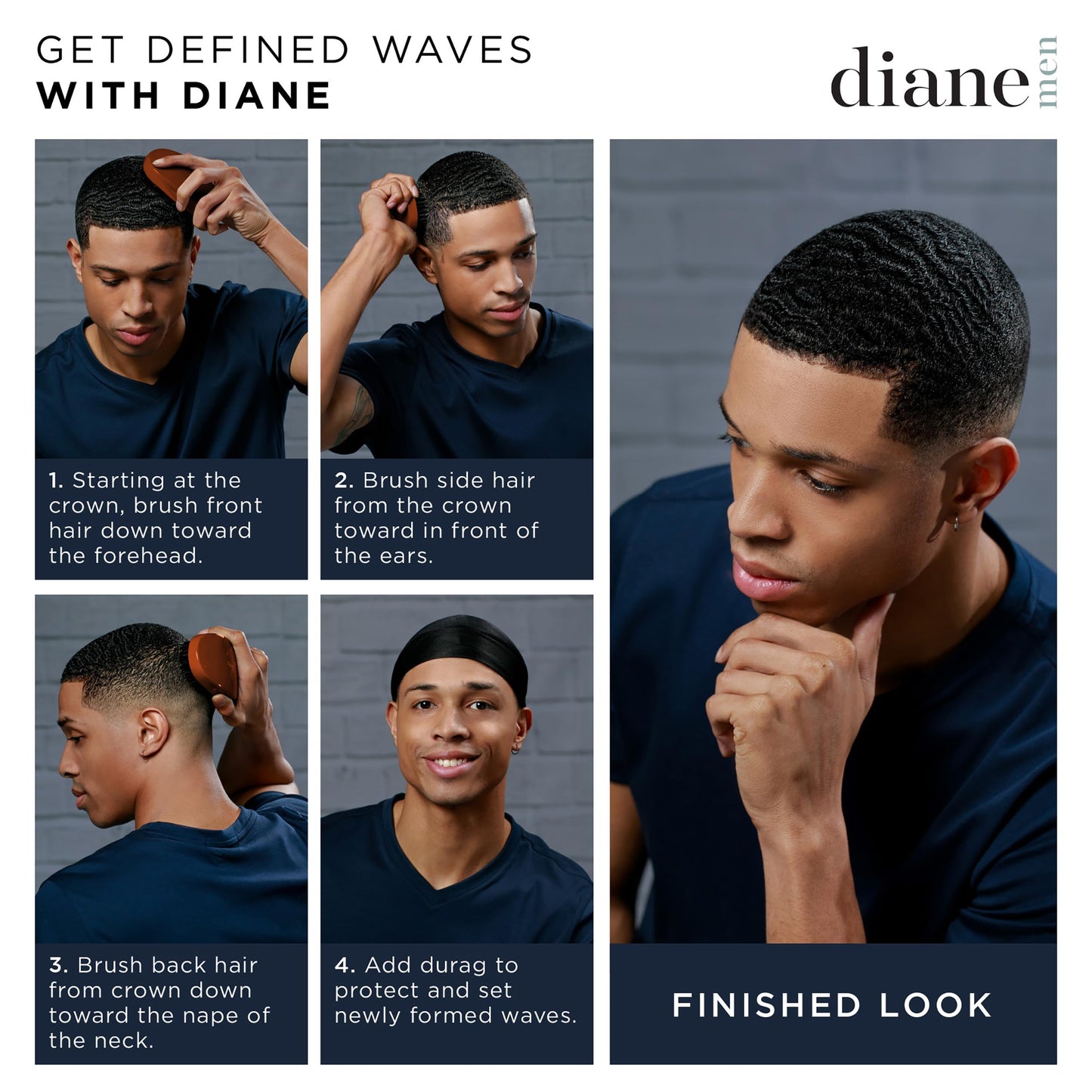 Diane Premium Boar Bristle Brush for Men € Double Sided, Medium and Firm Bristles for Thick Coarse Hair € Use for Smoothing, Wave Styles, Soft on Scalp, Club Handle, D8115