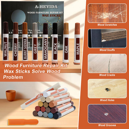 24Pcs Wood Filler Sticks, Furniture Scratch Wood Repair Markers, Wax Crayons Putty Sticks and Furniture Touch up Markers Kit for Scratches, Stains, Scuffs, Nail Holes, Floors, Cabinets, Tables
