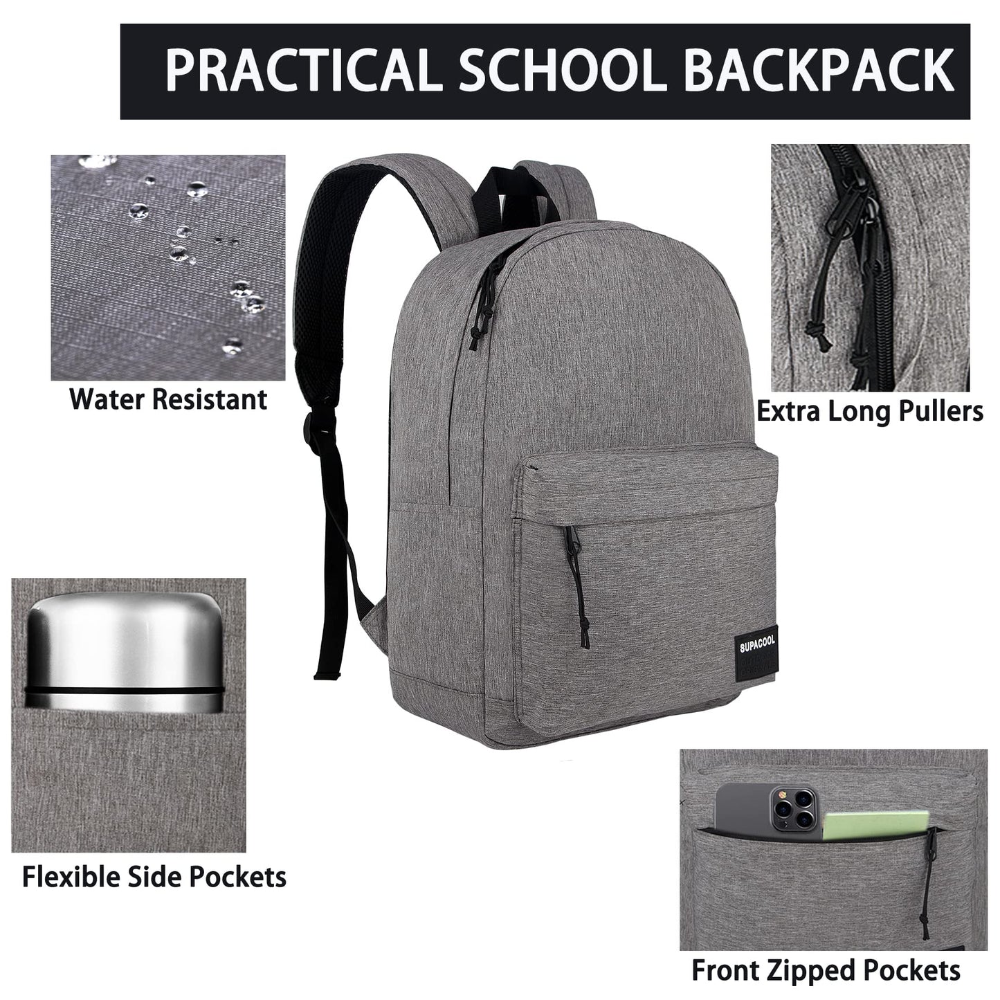 SUPACOOL Casual Laptop Backpack for Men and Women, Backpack for College, USB Charging Port, Lightweight Pack Back(Light grey)