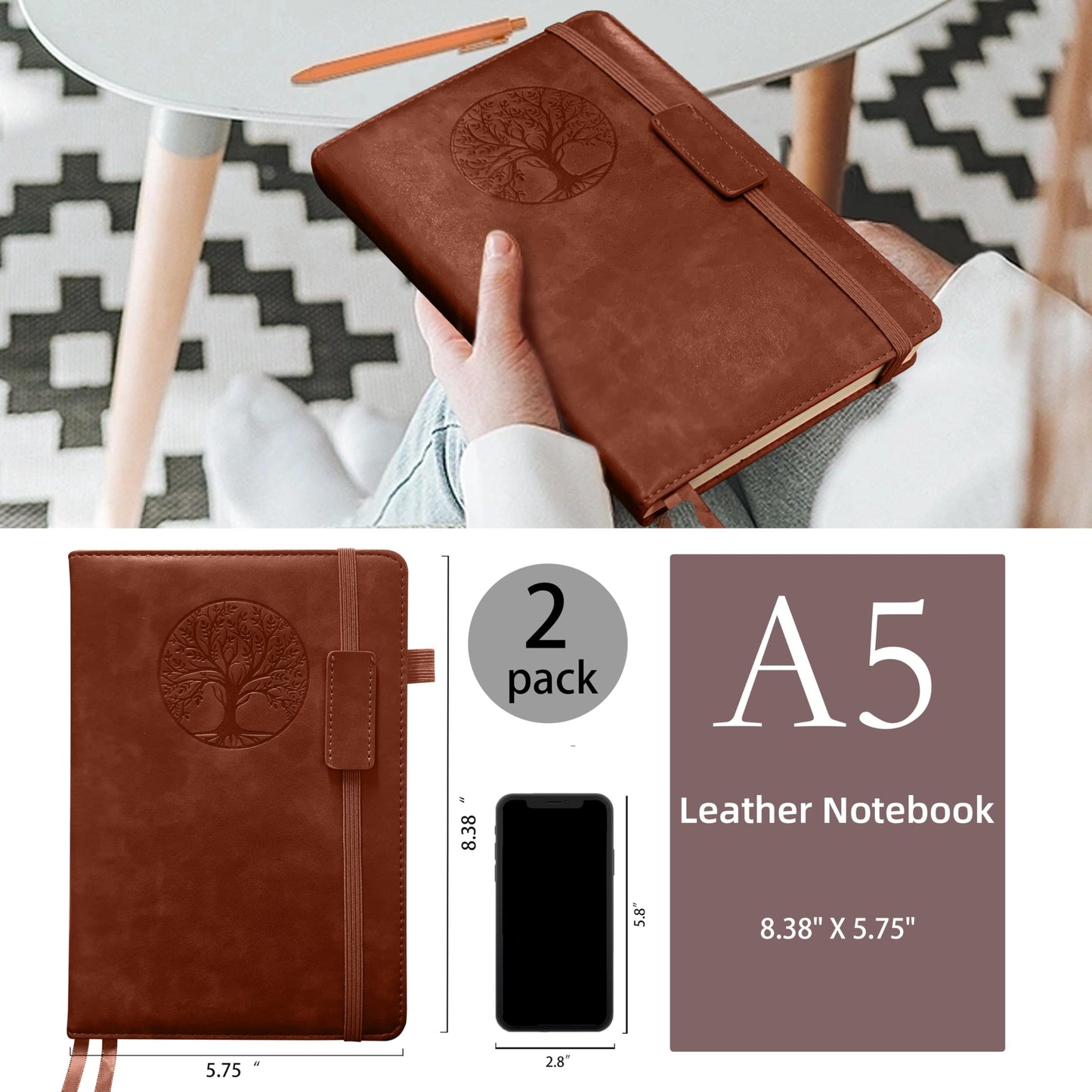 256 Pages Journal Notebook [2 Pack], A5 Leather Notebooks for Work, School, 100GSM College Ruled Journals Lined Pages, VALIDASS Meeting Laboratory Notebook for Women,Men(Black_Brown)