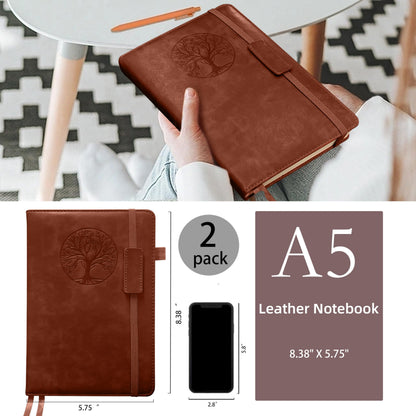 256 Pages Journal Notebook [2 Pack], A5 Leather Notebooks for Work, School, 100GSM College Ruled Journals Lined Pages, VALIDASS Meeting Laboratory Notebook for Women,Men(Black_Brown)
