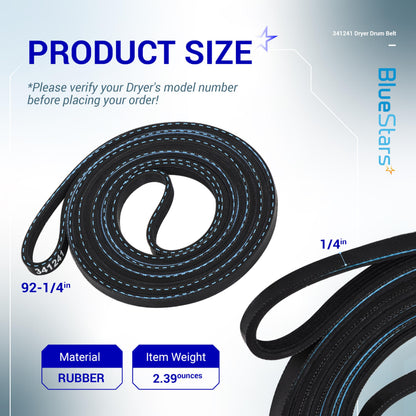 Ultra Durable 341241 Dryer Drum Belt Replacement Part by BlueStars - for Whirlpool Kenmore Dryers - Replaces 8066065 AP2946843 W10127457 PS346995 14210003 31531589 31001026 3394651 529597 - Pack of 2