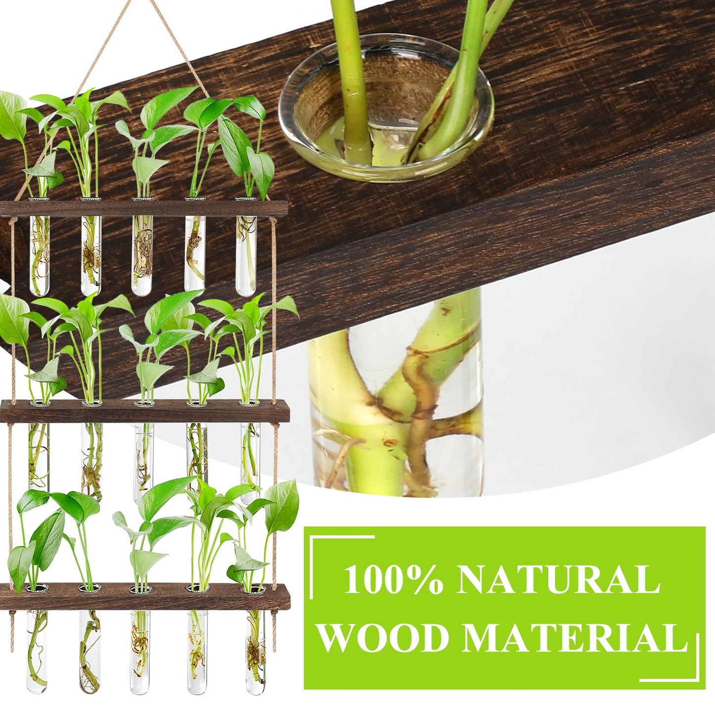 3 Tier Hanging Propagation Station, Wall Hanging Planter Terrarium with Wooden Stand&16 Glass Test Tubes, for Hydroponic Cuttings, Home Office Decor (3Tier&16Tubes)