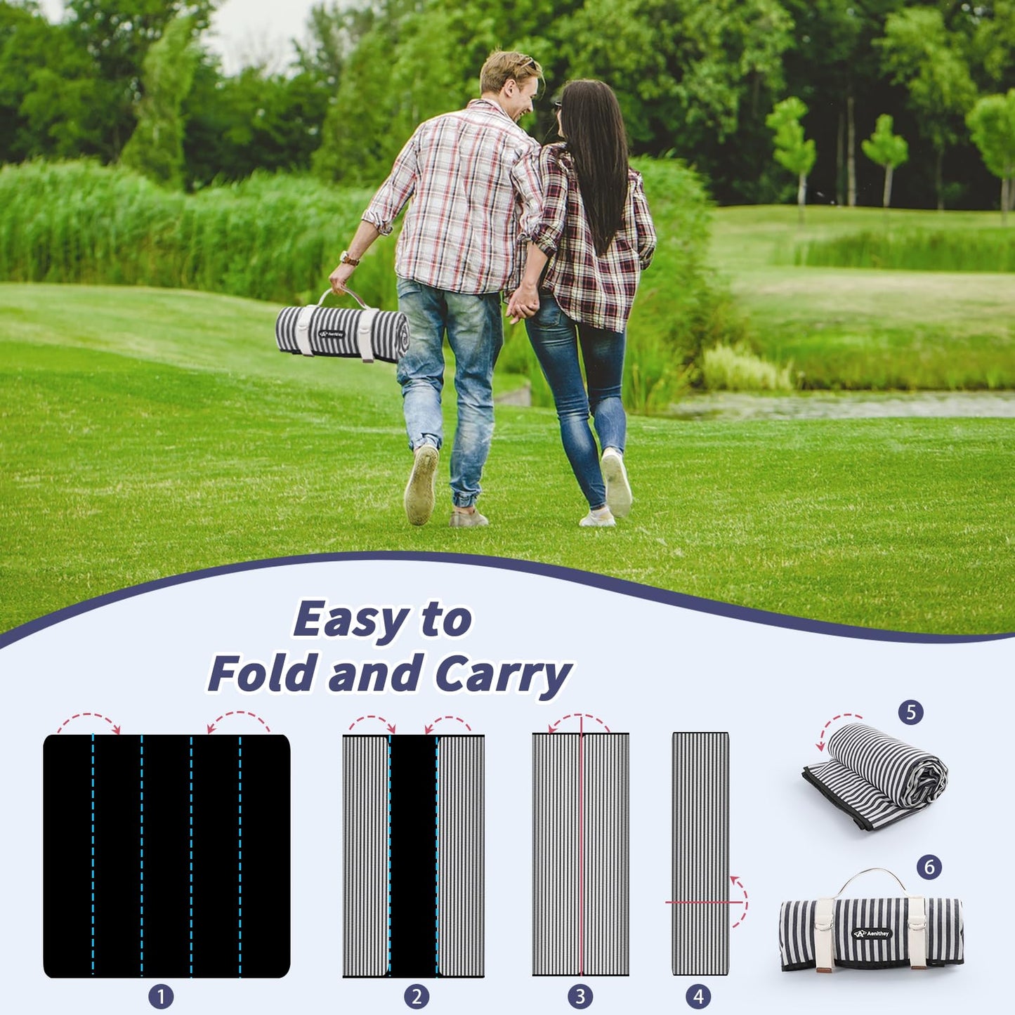 Aenithsy Picnic Blanket Waterproof, 59"x79" Picnic Mat with Carrying Handle, Foldable Washable Beach Blanket for Outdoor Activities, Park, Camping, Hiking(Blue Stripe)