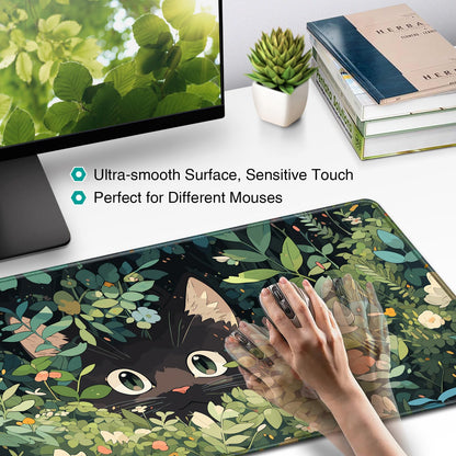 Anime Cat Mouse Pad Green Desk Mat, Kawaii XXL Large Mouse Pad Keyboard with Stitched Edges Non-Slip, 35.4×15.7in Mousepad Mat for Desktop Computer Laptop Office Women Decor Game Funny
