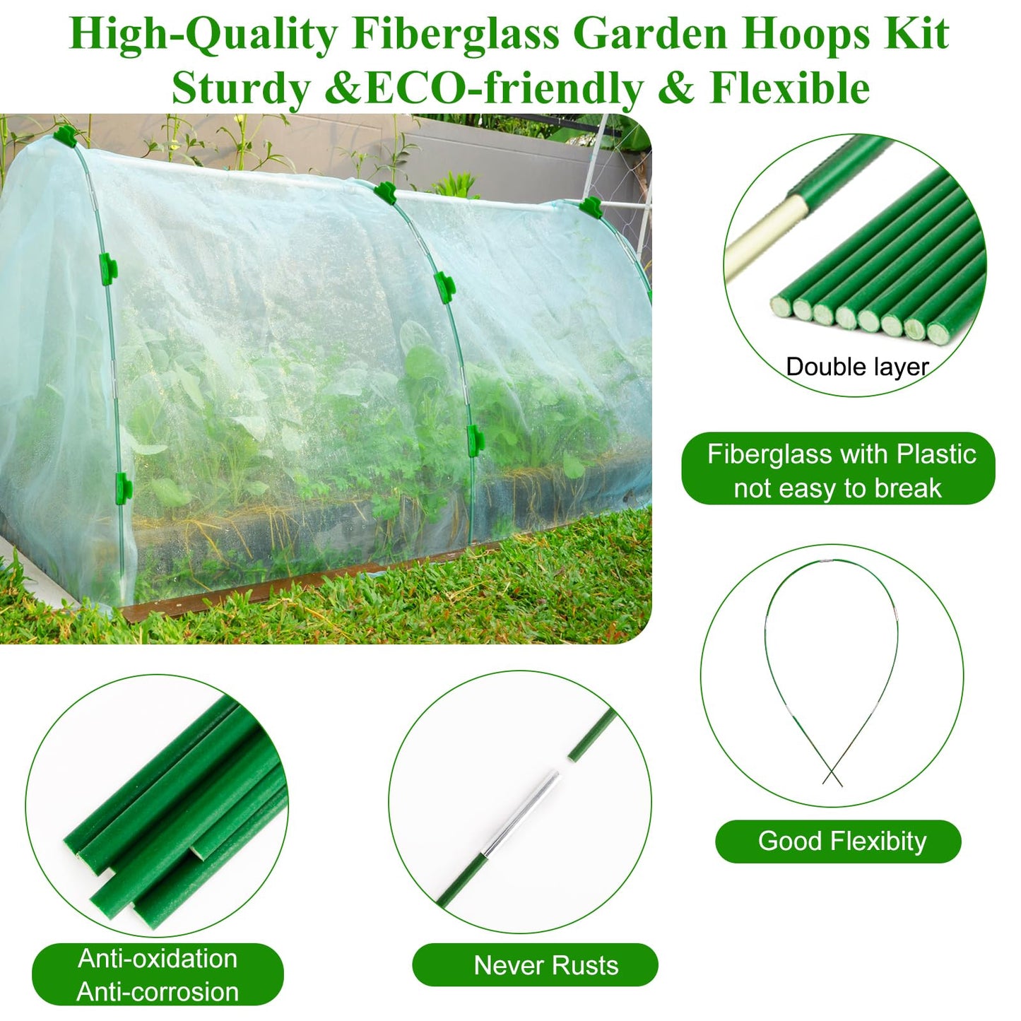 WYRJXYB Greenhouse Hoops Grow Tunnel 6 Sets of 8FT Long Garden Hoops, Rust-Free Fiberglass Frame for Garden Netting Raised Bed Plant Cloth Row Cover, DIY Plant Support Stakes (36 PCS)