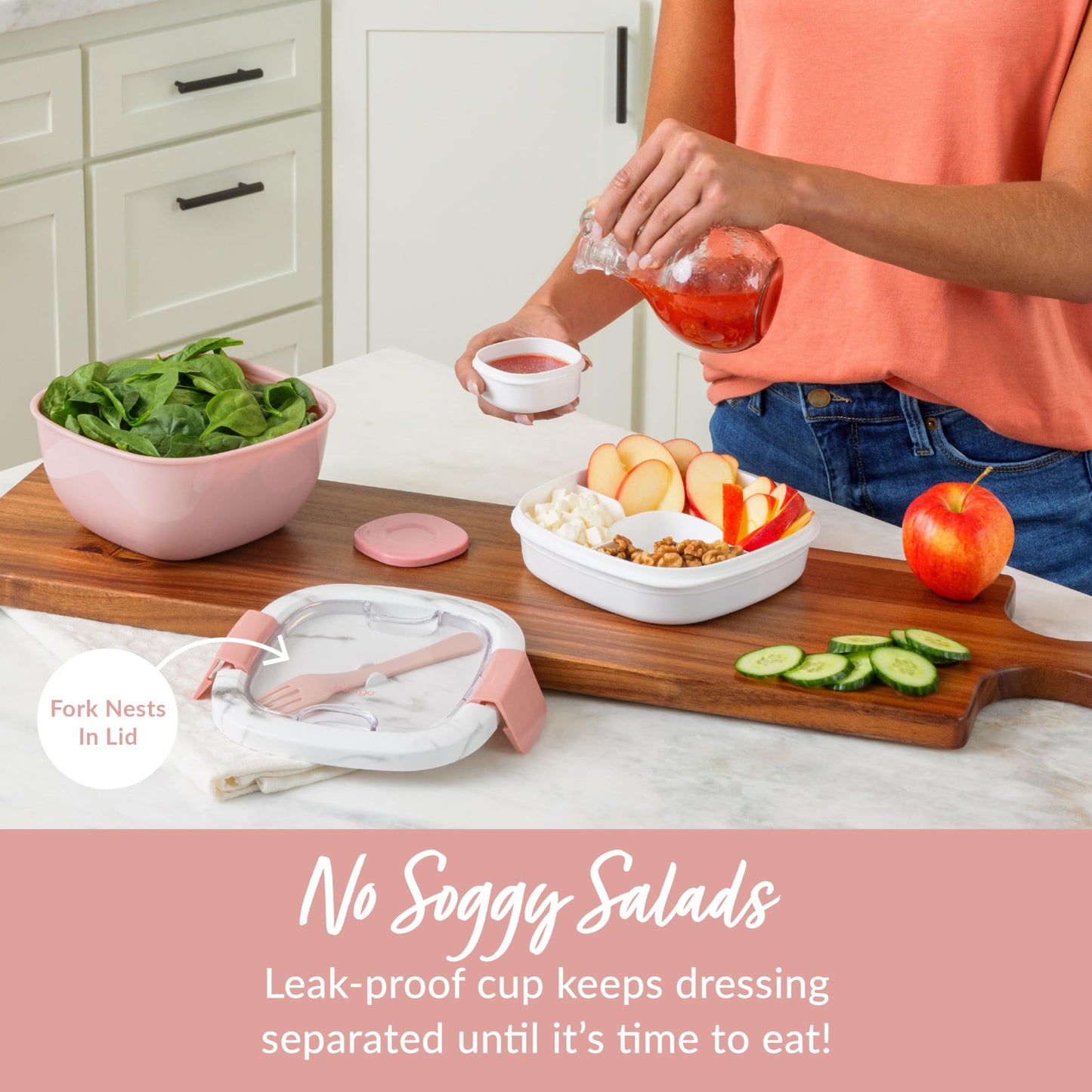 Bentgo Salad - Stackable Lunch Container with Large 54-oz Salad Bowl, 4-Compartment Bento-Style Tray for Toppings, 3-oz Sauce Container for Dressings, Built-in Reusable Fork & BPA-Free (Blush Marble)