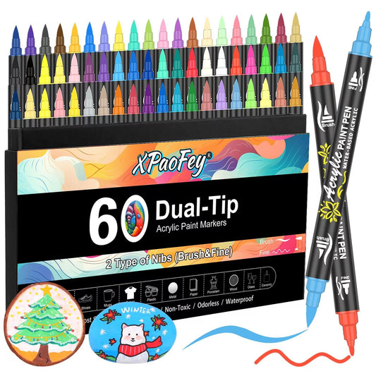 XPaoFey 60 Color Dual Tip Paint Markers, Fine & Brush Acrylic Pens for Rock Painting, Canvas, Ceramic, Glass - Quick-Drying