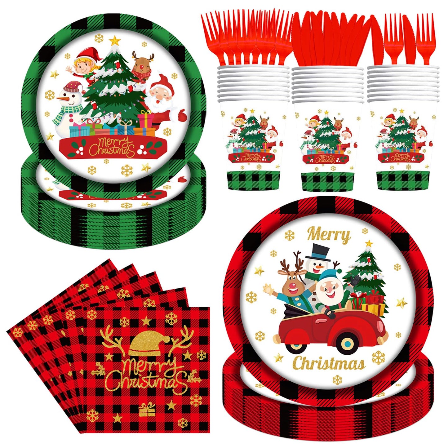 144PCS Christmas Paper Plates and Napkins Party Supplies Christmas Party Decorations Christmas Party Supplies Xmas Tableware Set Santa Claus Christmas Tree Plates Napkins Cups Forks Knives Serve 24