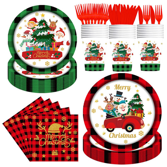 144PCS Christmas Paper Plates and Napkins Party Supplies Christmas Party Decorations Christmas Party Supplies Xmas Tableware Set Santa Claus Christmas Tree Plates Napkins Cups Forks Knives Serve 24