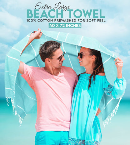 Utopia Towels 2 Pack Turkish Beach Towel, 40 by 72 Inches, 100% Cotton Oversized Sand Free Lightweight Quick-Dry, Prewashed for Soft Feel, Large Peshtemal Towel for Travel, Aqua