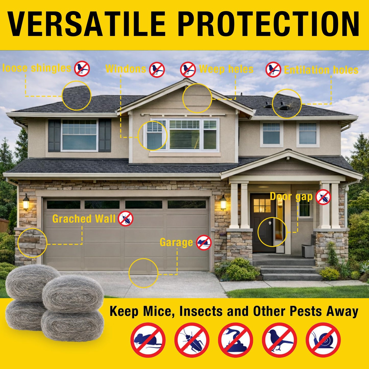 DEMIBAZ Steel Wool Mice Repellent - 6 Rolls of Steel Wool (14ft x 3.1in, Coarse Grade #3), Scissors & Glove - Keep Mice Away from Holes,Siding,Pipeline,Vents in Garden House & Garage