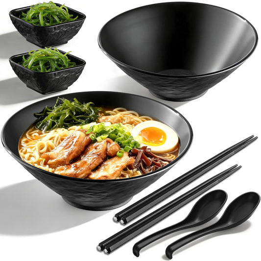 Berglander Ramen Bowl Set 1200mL of 2 with Dipping Bowls Chopsticks Spoons, Unbreakable Japanese Style Plastic Noodle Soup Bowls for Asian Pho Soup Thai Miso Udon Wonton