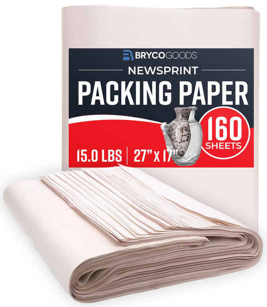 Bryco Goods Newsprint Packing Paper Sheets for Moving - 5lb - 160 Sheets - Moving & Shipping Supplies - 27" x 17" - Wrapping & Protecting Fragile Items - Newspaper Paper