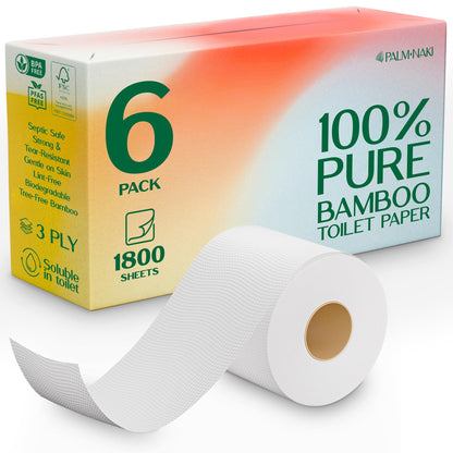 100% Bamboo Toilet Paper | 3-Ply – Strong & Absorbent | Tree-Free, FSC Certified, BPA/PFAS-Free | Septic-Safe, Lint-Free | 6 Rolls (1800 Sheets) | PALM NAKI