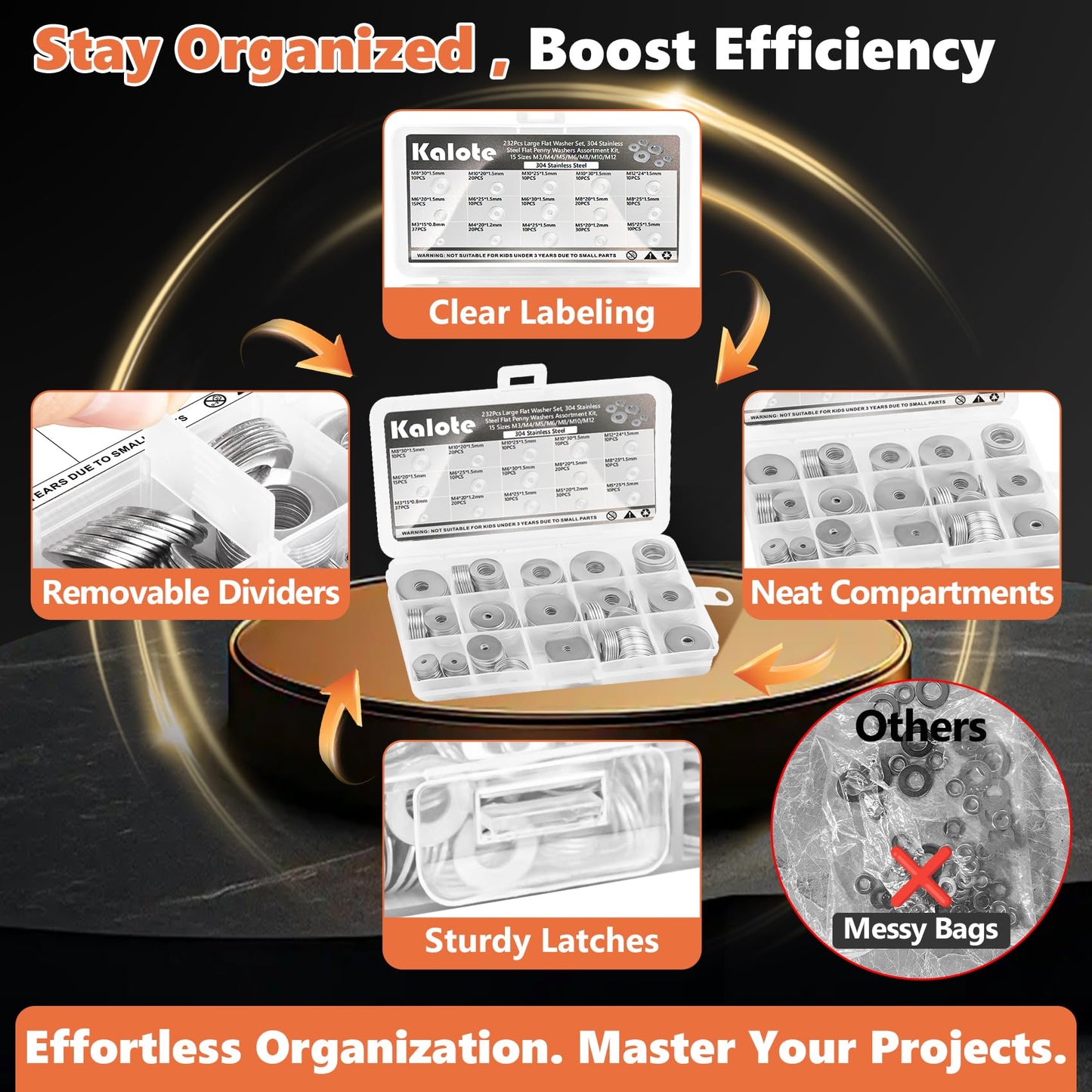 Washers, 232 Pcs 304 Stainless Steel Flat Penny Washers for Screws Bolts Kit -Large OD Metric Fender Washers Assortment (M3 M4 M5 M6 M8 M10 M12)| Anti-Rust for Automotive, Machinery, DIY Repair