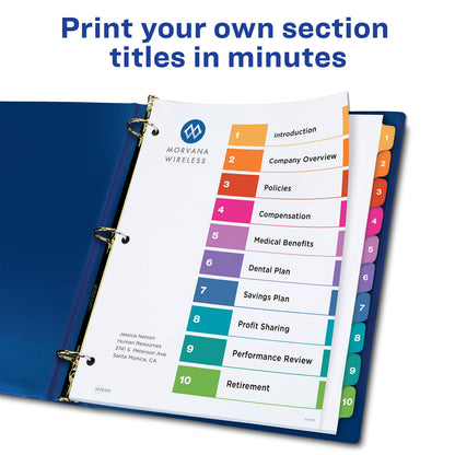 Avery Ready Index Table of Content Dividers for Laser and Inkjet Printers, Plain Tab, 10 tabs, Multi-Colour, 6 Sets, (11520)