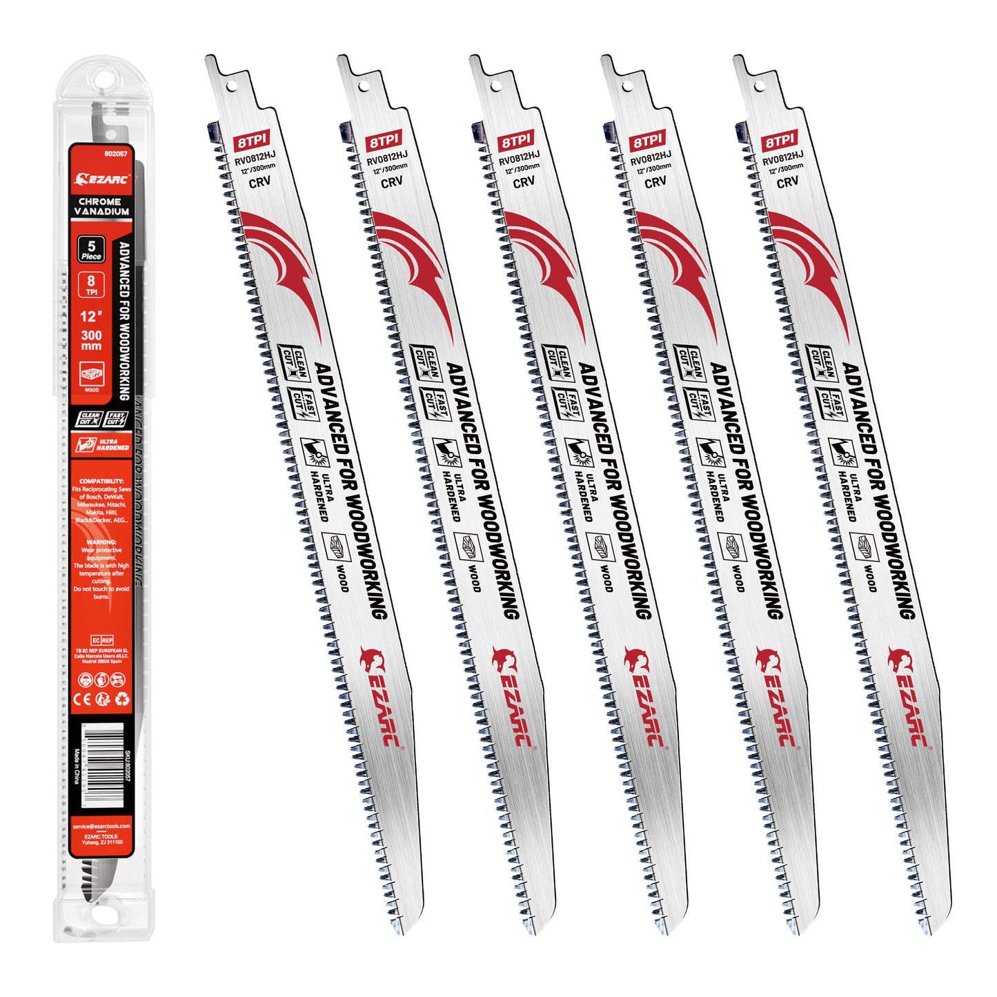 EZARC Japanese Teeth Reciprocating Saw Blade 12 Inch, Fleam Ground Teeth Wood Pruning Saw Blades 8 TPI for Tree Trimming, Wood/Wet Wood Cutting, 5 Pieces