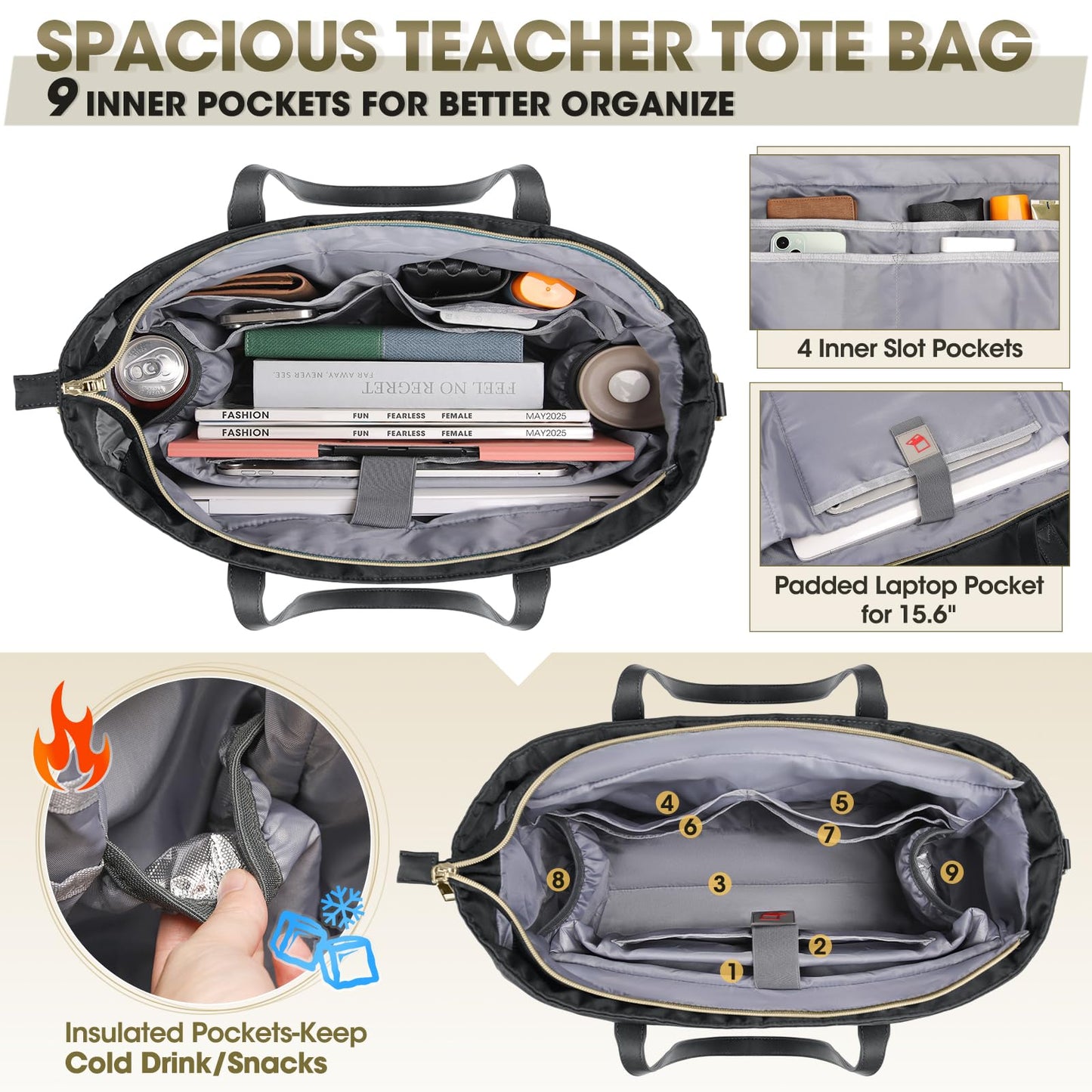 RAINSMORE Laptop Bag For Women 15.6 Inch Work Teacher Tote Bag Waterproof Nurse Bag Large Handbag Shoulder Travel Computer Messenger Bag Briefcase,Black