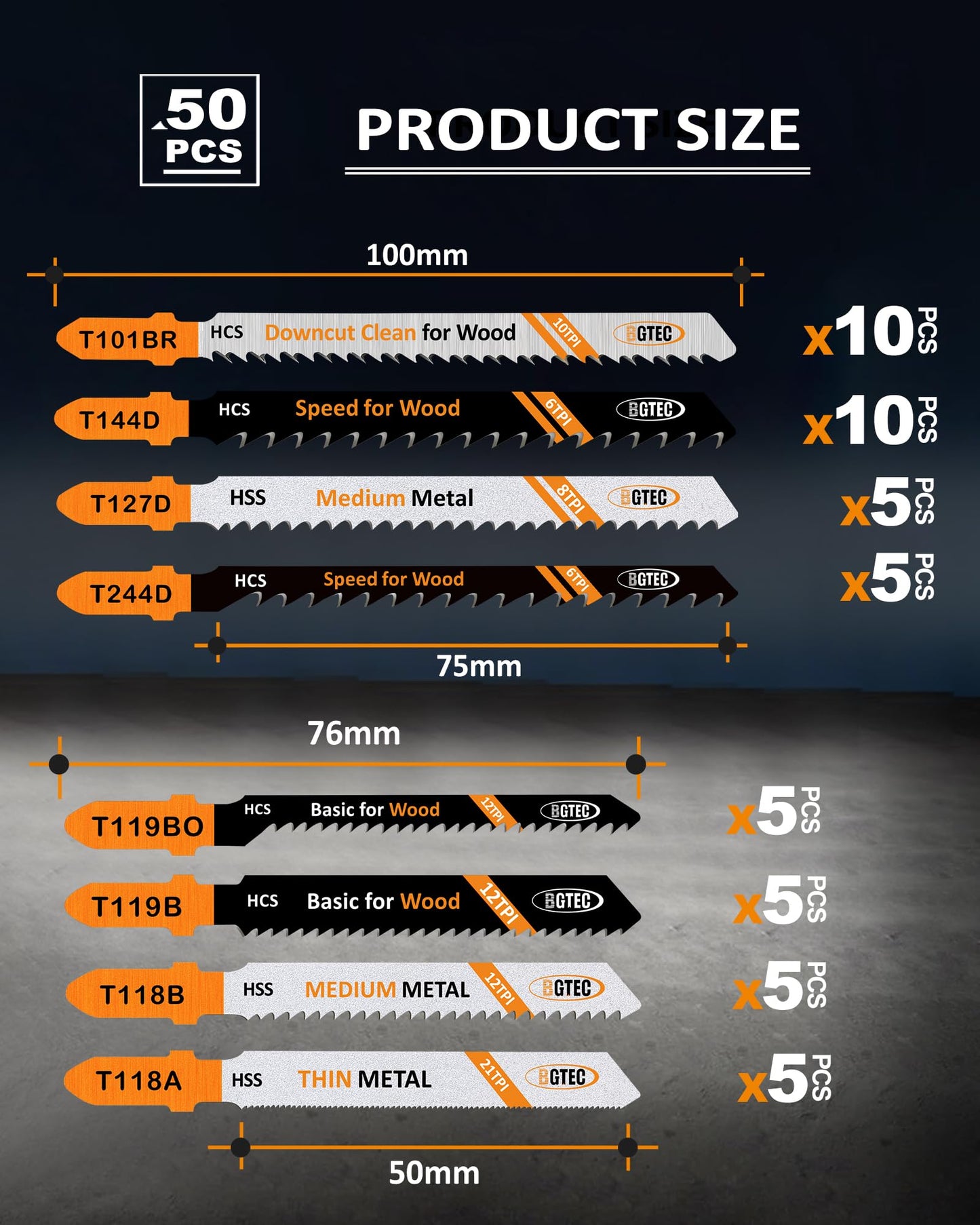 50PCS T Shank Jigsaw Blades Set - BGTEC HCS/HSS Jig Saw Blades for Wood, Plastic and Metal Cutting(T119B*5-T119BO*5-T101BR*10-T144D*10-T244D*5)