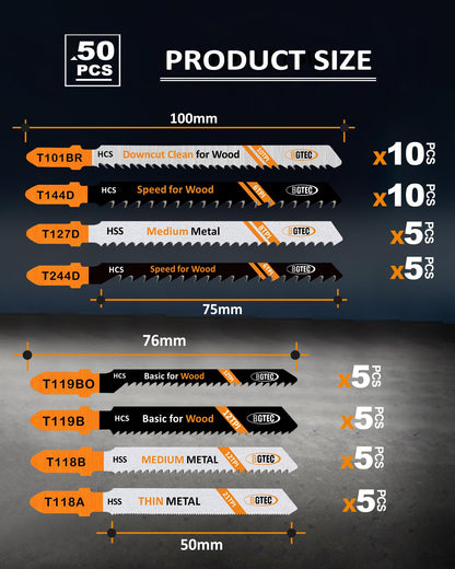50PCS T Shank Jigsaw Blades Set - BGTEC HCS/HSS Jig Saw Blades for Wood, Plastic and Metal Cutting(T119B*5-T119BO*5-T101BR*10-T144D*10-T244D*5)