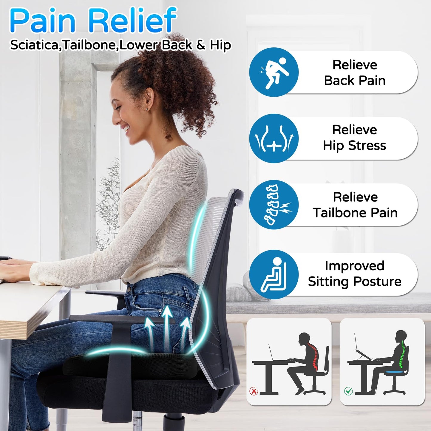 Seat Cushion for Long Sitting - Memory Foam Chair Pad Cushion for Tailbone, and Low Back Pain Relief - Non-Slip Seat Cushions for Office Chairs Wheelchair Car Seats,Black