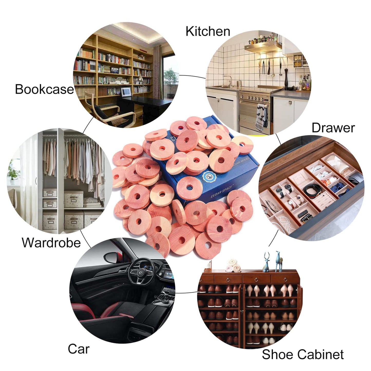 Cedar Space Cedar Blocks for Clothes Storage 100% Natural Aromatic Red Cedar Rings 54Pcs Protection for Wardrobes Closets and Drawers