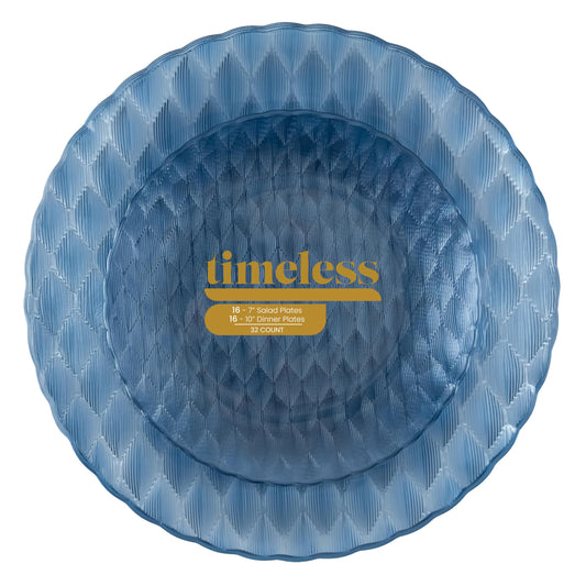 PLASTICPRO 32 Pack Plastic Dishes Set of 16-10 inch Plates and 16-7 inch Plates, Elegant Translucent Blue Disposable Fancy Tableware Premium Heavyweight